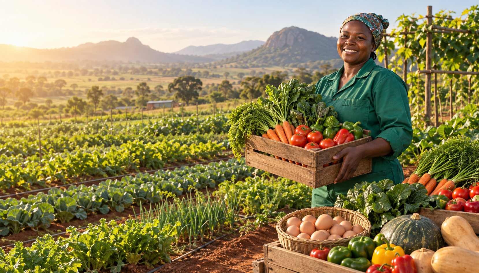 A farmer holding freshly harvested vegetables on a sunlit African farm, with eggs and produce in the foreground.